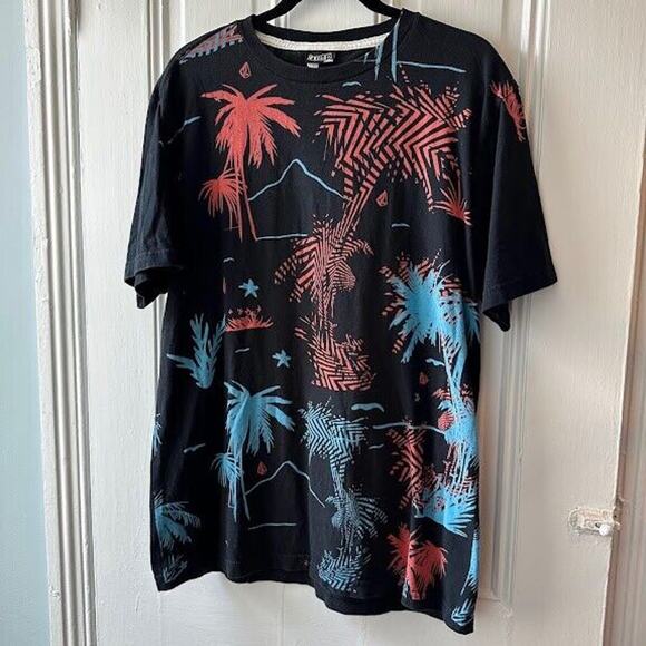 Volcom Palm Tree Print Mens Black Short Sleeve Tee Cotton Large Skater - Picture 1 of 3